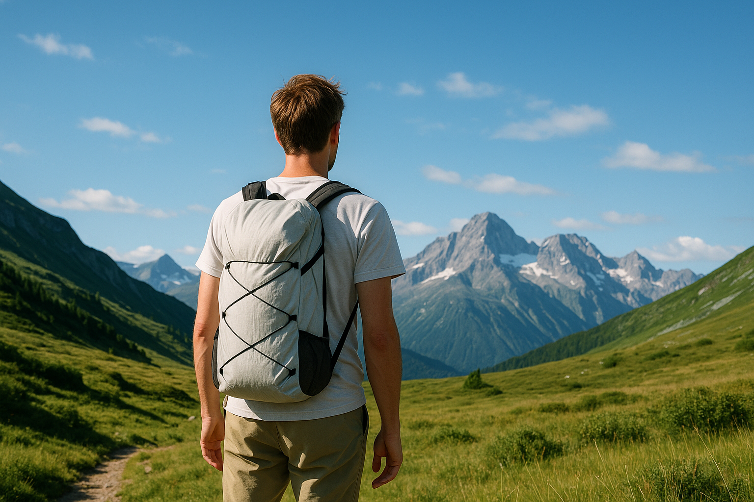 Image moderne et inspirante d’un voyageur minimaliste explorant la nature avec un sac à dos ultraléger.
Style réaliste et lumineux.
Paysage : montagnes au loin, ciel bleu clair avec quelques nuages doux.
Le voyageur est de dos, regardant vers l’horizon, sac compact et léger sur le dos.
Ambiance : liberté, aventure, exploration.
Couleurs : bleu ciel, vert naturel, blanc lumineux.
Style photo professionnelle, haute définition, épurée, idéale pour une page d’accueil e-commerce."